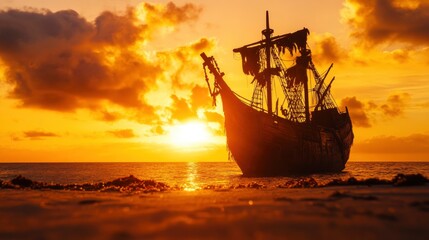 A mysterious pirate shipwreck on a deserted beach, with tattered sails and barnacles