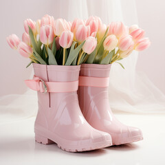 Pink Rain Boots, Wellies with Pink Tulips, Gardening Symbol.
