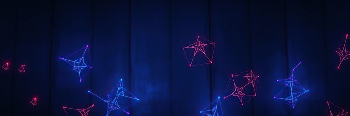 Dark concrete wall with intricate glowing blue and red neon patterns, modern art installations, futuristic lighting, decorative elements