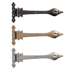 Three different colored metal hinges with a pointed end