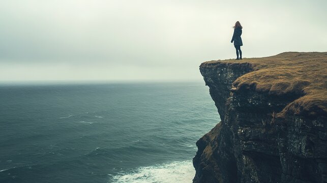 Person on cliff edge overlooking vast ocean