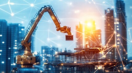 Robotic arm on construction site, futuristic city skyline.