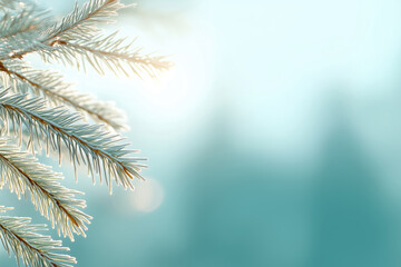 Obraz premium Fir tree branches covered with hoarfrost on blurred bokeh background