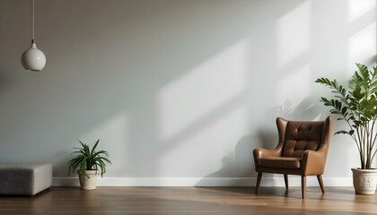 Fototapeta premium A minimalist living room with a wooden floor, a potted plant, and a brown leather armchair against a plain white wall