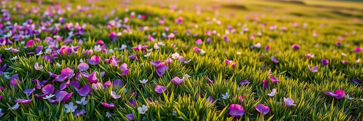 Softly scattered purple flower petals on a lush green grassy hillside at dawn, serene scene, grassy, purple flower petals