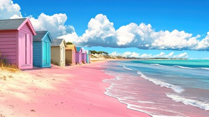 Obraz premium Colorful beach huts on pink sand beach.