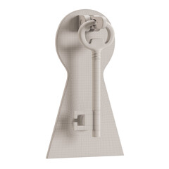 A key is shown in a keyhole, with a ring around the key