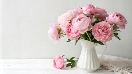 Fototapeta premium Soft pink peonies in a delicate white vase, blossoming flowers, garden decor