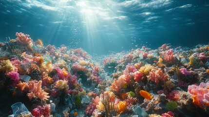 A surreal landscape of the ocean floor covered in colorful coral reefs, with plastic debris being transformed into natural coral