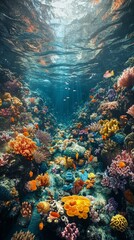 Obraz premium A surreal landscape of the ocean floor covered in colorful coral reefs, with plastic debris being transformed into natural coral