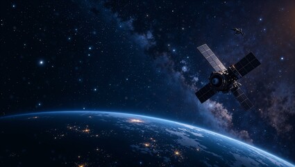 Telecommunication satellite providing global internet network and high speed data communication above Europe. Satellite in space, low Earth orbit. Worldwide communication technology.