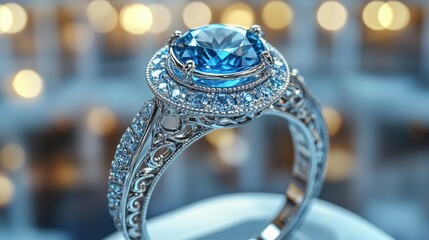 A beautifully crafted ring featuring a large blue gemstone and intricate detailing.