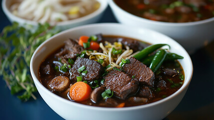A bowl of beef bourguignon, rich and dark in color with tender meat, carrots, mushrooms, and herbs, has green pepper pieces on the side. The background shows two bowls of pho soup, one next to the oth