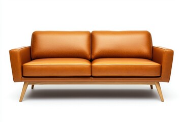 Fototapeta premium Modern brown leather sofa with wooden legs, perfect for contemporary living spaces.