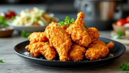 Fototapeta premium Golden, crispy fried chicken steaming hot, served on a sleek black plate, set against a warm, softly lit kitchen background