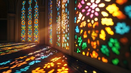 Obraz premium Colorful stained glass window patterns casting vibrant light and shadows on floor.