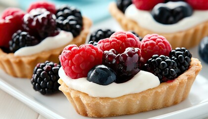 Delicious fruit tarts topped with fresh raspberries, blackberries, and blueberries on a creamy base, perfect for dessert lovers.