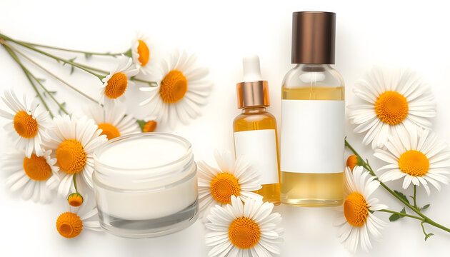 Spa and wellness setting. Composition with chamomile flowers and cosmetic bottle of essential oil serum and cream in zero waste pacage on white background isolated with white highlights, png