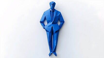 A cobalt-blue origami businessman crafted from paper stands on a white background. papercraft design features a man in a blue suit, vector-like aesthetic, with copy space for advertising, creative use