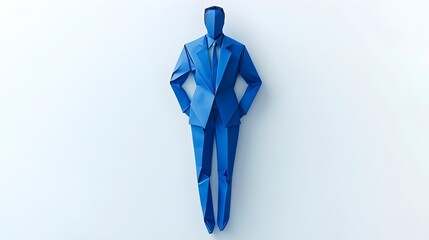 A cobalt-blue origami businessman crafted from paper stands on a white background. papercraft design features a man in a blue suit, vector-like aesthetic, with copy space for advertising, creative use