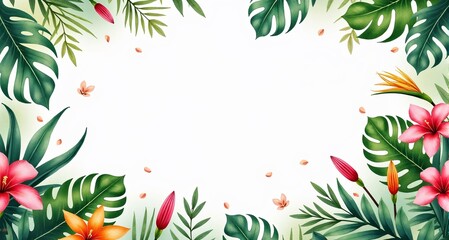 Tropical floral frame illustration with vibrant leaves and colorful flowers, copy space