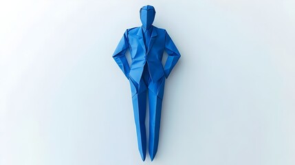 A cobalt-blue origami businessman crafted from paper stands on a white background. papercraft design features a man in a blue suit, vector-like aesthetic, with copy space for advertising, creative use