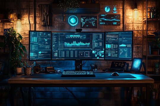 A modern home office workspace with multiple monitors and blue light