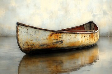 An old, rusty canoe sits peacefully on calm water, reflecting the sky