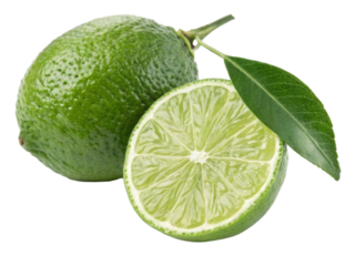 Whole and halved lime fruit composition on a transparent background