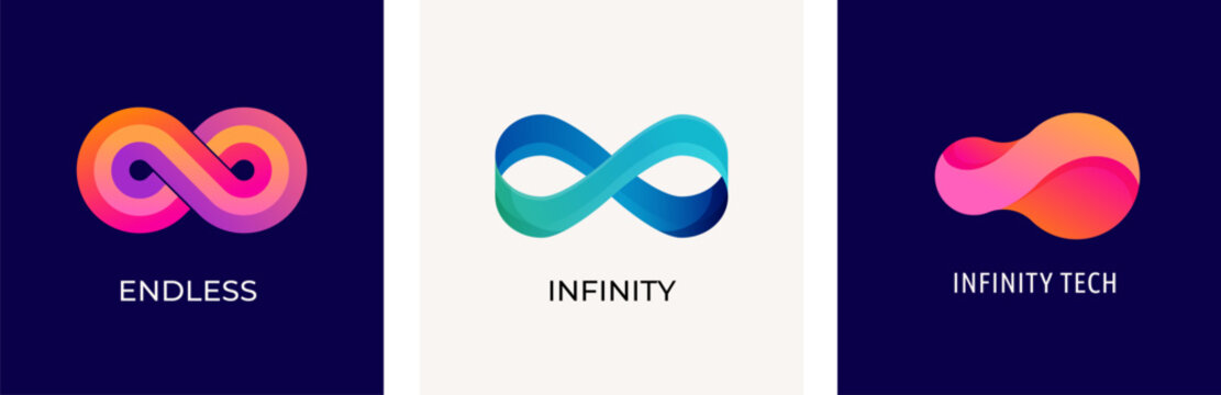 Set of Infinity logos, mobius ribbon symbols, icons. Infinity 3D, modern minimalist style. Colorful vector design