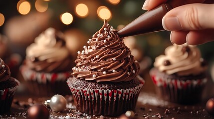 Close-up of a hand piping icing onto a chocolate cupcake with holiday-themed decorative liners and a warm holiday glow