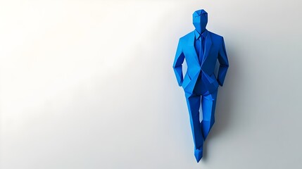 A cobalt-blue origami businessman crafted from paper stands on a white background. papercraft design features a man in a blue suit, vector-like aesthetic, with copy space for advertising, creative use