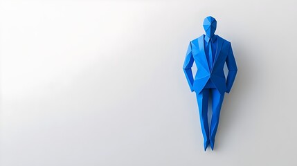 A cobalt-blue origami businessman crafted from paper stands on a white background. papercraft design features a man in a blue suit, vector-like aesthetic, with copy space for advertising, creative use