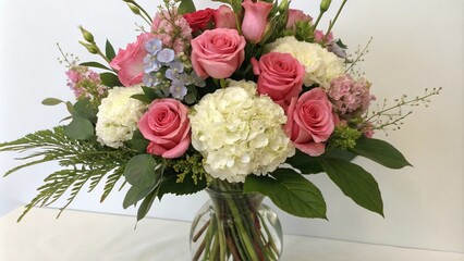 Elegant floral arrangement with long-stemmed roses peonies and hydrangeas, greenery, spring flowers