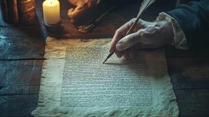 A Hand Writes With Quill Pen On Ancient Parchment