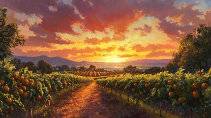 Fototapeta premium Beautiful Sunset Over Vineyard with Lush Orange Trees and Rolling Hills in the Background, Capturing the Tranquility of Nature and Harvest Season