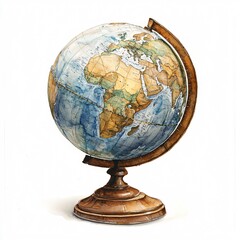 A vintage globe with a detailed map, showcasing continents and oceans, sitting on a classic wooden stand.