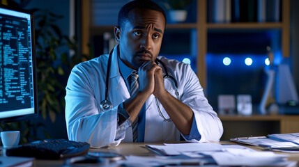 Somber Doctor Contemplating Challenges in Dark Office