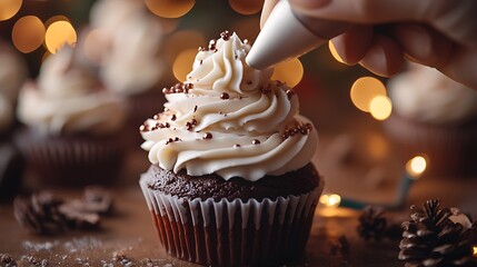 Close-up of a hand piping icing onto a chocolate cupcake with holiday-themed decorative liners and a warm holiday glow