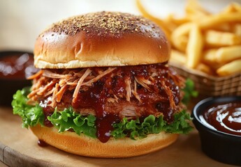 Delicious Pulled Pork Sandwich with BBQ Sauce and Fresh Lettuce Served with Crispy French Fries on a Wooden Platter