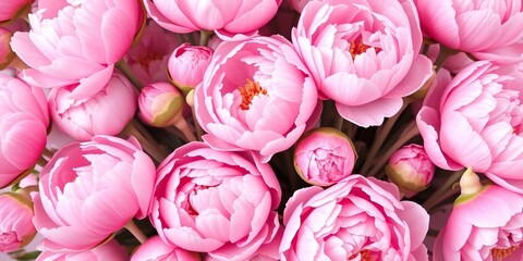 Fototapeta premium Elegant pink peony flowers in a seamless floral background with delicate white and cream-colored stems, highlighting the flower's lush fullness, beautiful flowers, floral patterns