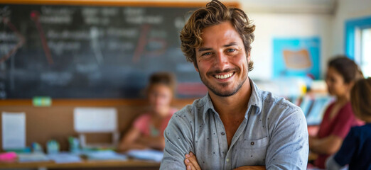 Teacher. Portrait of a happy handsome male teacher in the classroom