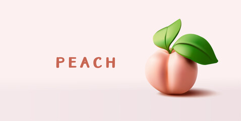 Ripe juicy peach with leaves, 3D. Banner for advertising concepts of fresh, seasonal, healthy, and summer fruit. Vector illustration