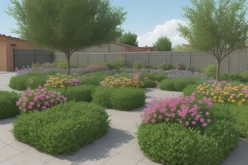 Fototapeta premium Flowers and low shrubs landscaping 3d render, transparent background, flowers in the garden