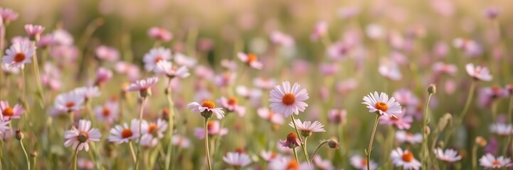 Fototapeta premium Field of soft pink wildflowers swaying gently in the breeze, landscape photography, soft hues