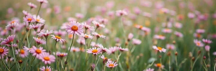 Field of soft pink wildflowers swaying gently in the breeze, blooming flowers, nature scene, floral arrangement