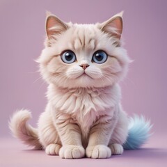 Fototapeta premium Adorable Fluffy Kitten with Big Blue Eyes: A Close-Up Portrait of a Cream-Colored British Longhair Cat against a Soft Lavender Background