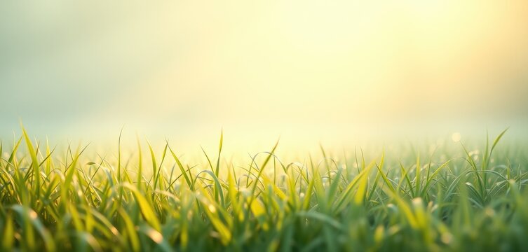 Natural green grass filed with warm sunlight blurry landscape background, Generative Ai