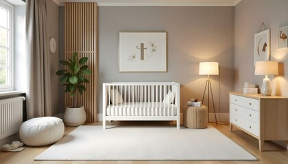 A cozy nursery with a white crib, wooden furniture, and decorative wall art. The room has a warm, neutral color palette with soft textures and natural elements