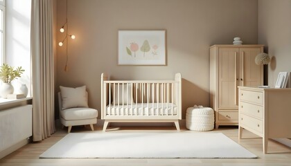 A cozy nursery with a white crib, wooden furniture, and decorative wall art. The room has a warm, neutral color palette with soft textures and natural elements